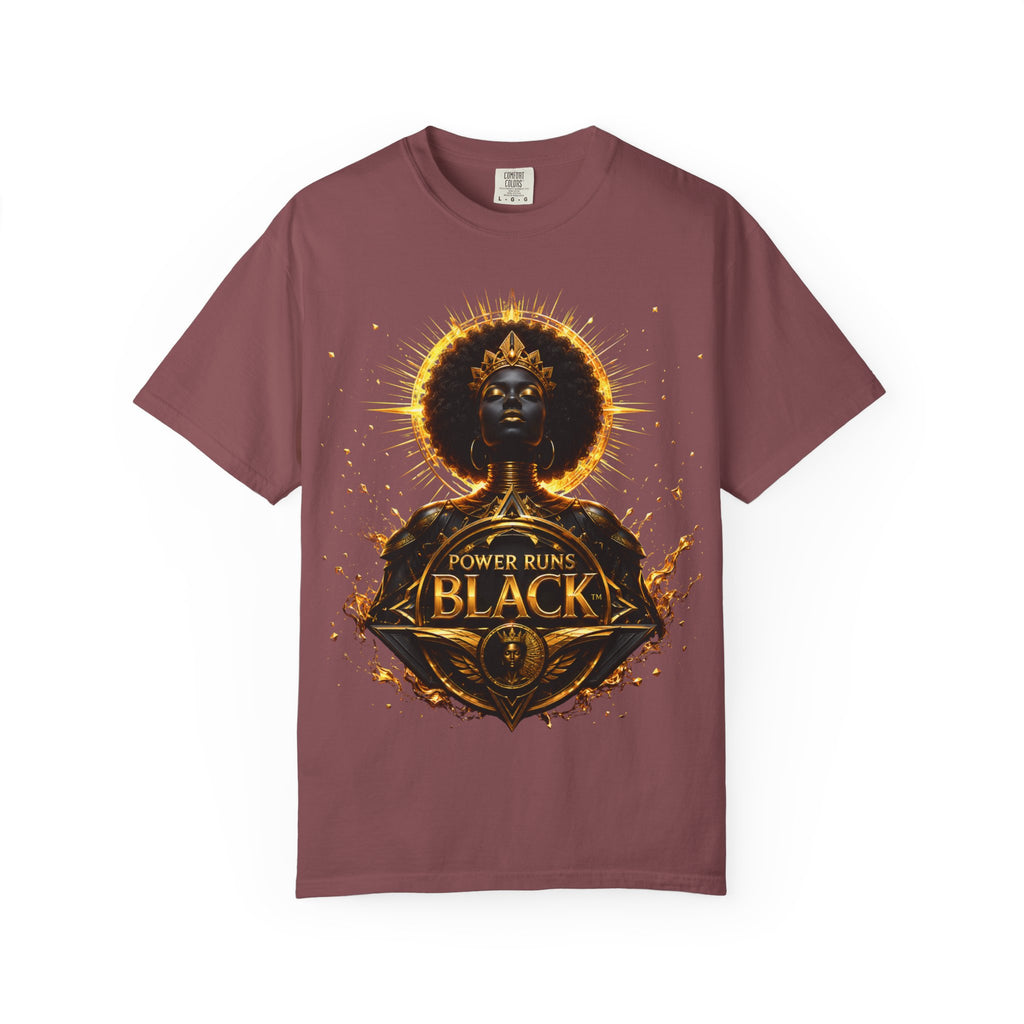 Power Runs Black goddess illustration T-Shirt | Afrocentric black pride design by Power Runs Black