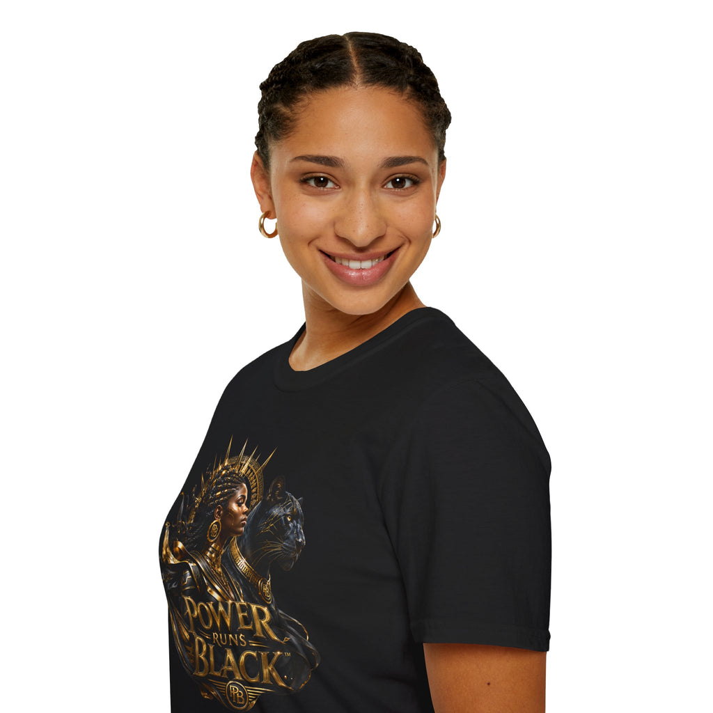 Power Runs Black PRB | Black Woman Portrait, Gold Accents Panther Graphics T by Printify