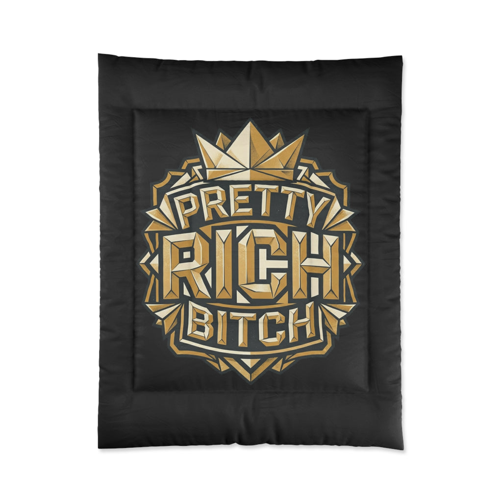 PRB Pretty Rich Bitch Comforter — Bold Gold Art Deco Luxe Bedding by Power Runs Black