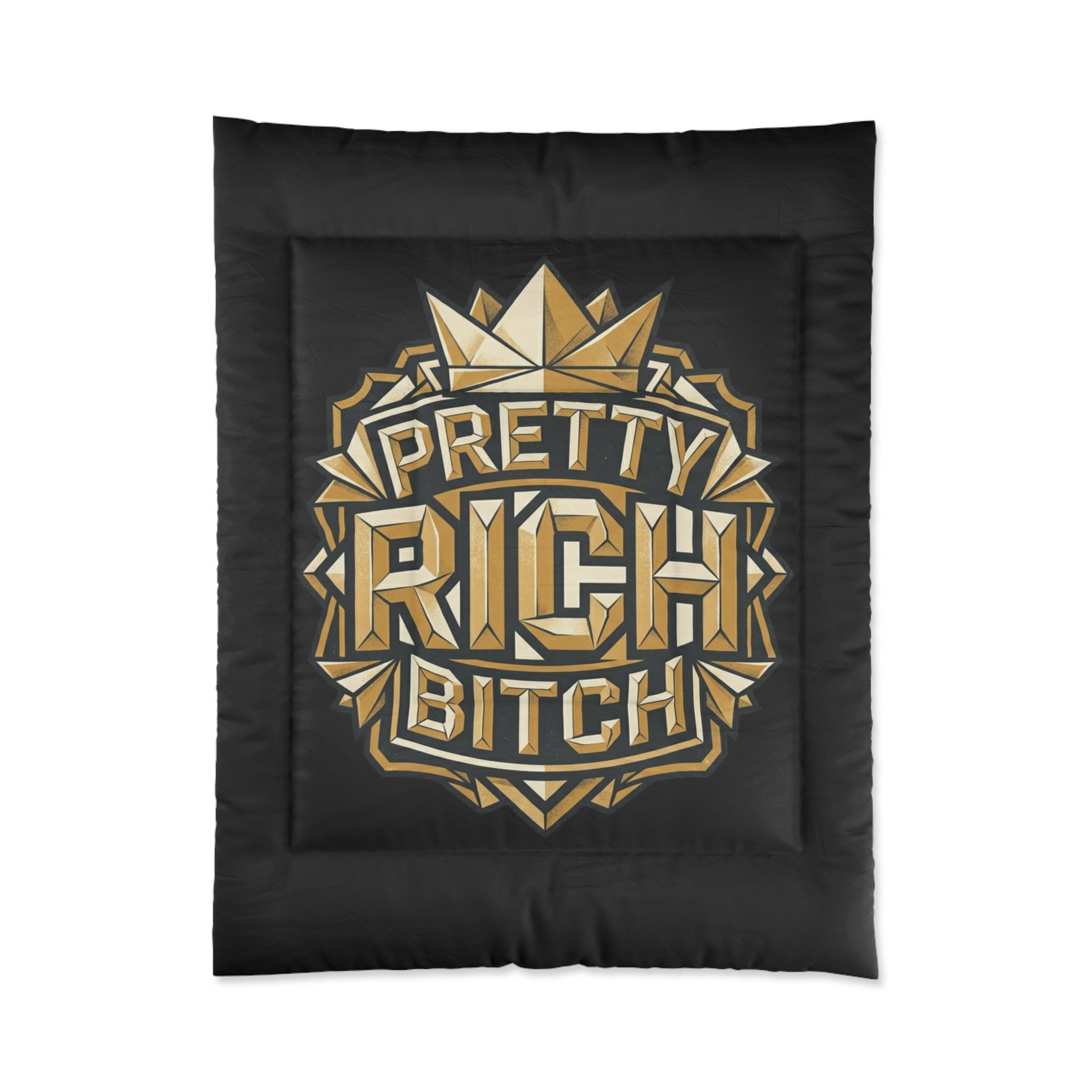 PRB Pretty Rich Bitch Comforter — Bold Gold Art Deco Luxe Bedding by Power Runs Black