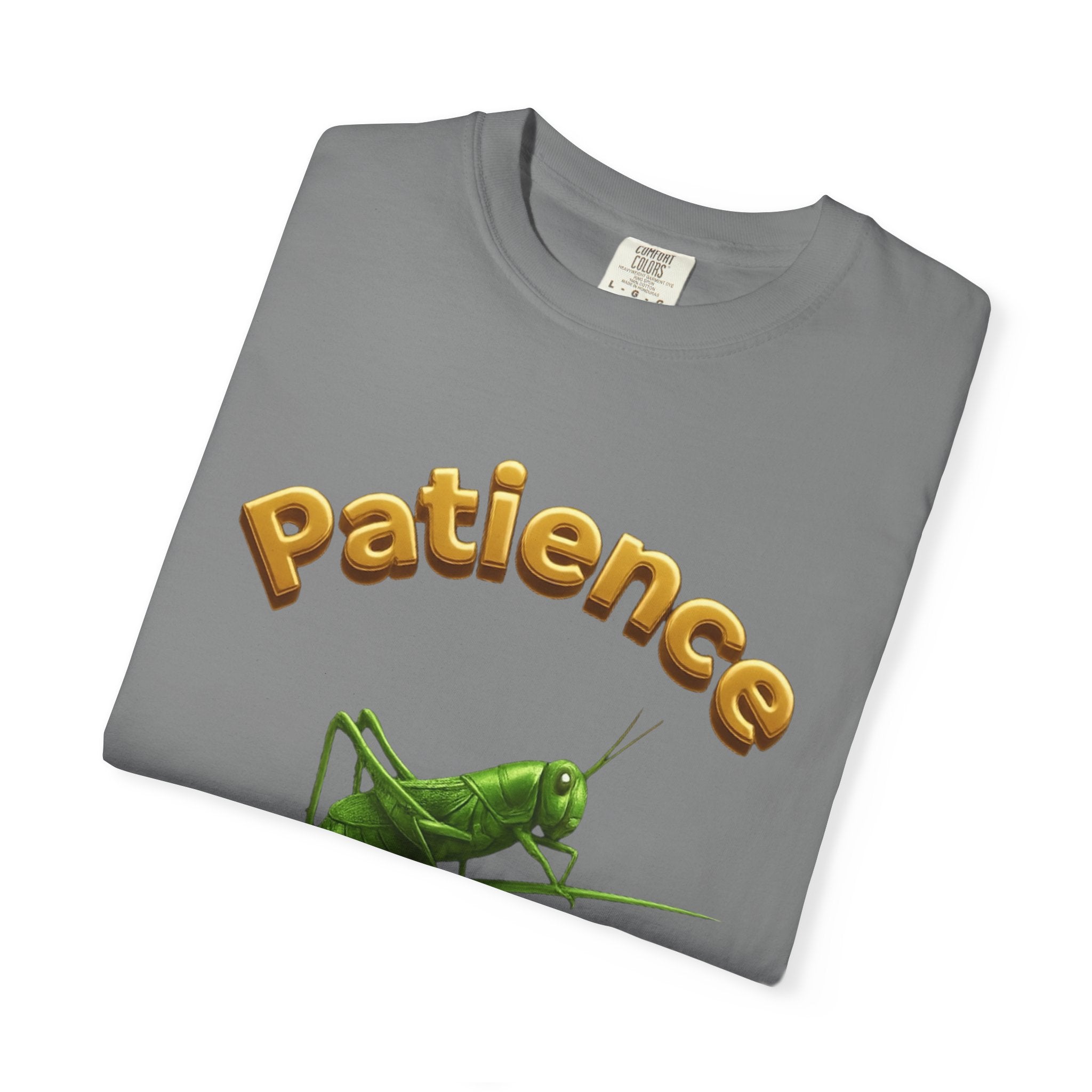 PRB Patience Grasshopper T-shirt | Green Grasshopper Illustration, Positive Quote by Printify