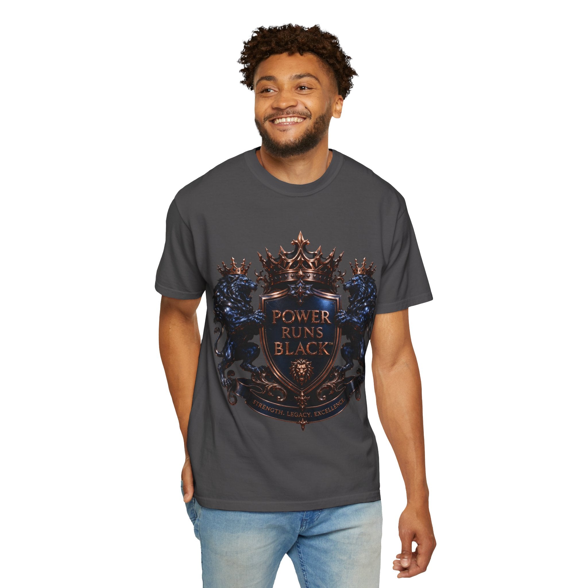 Power Runs Black Crest T-shirt | Heraldic Lion Shield Tee by Power Runs Black
