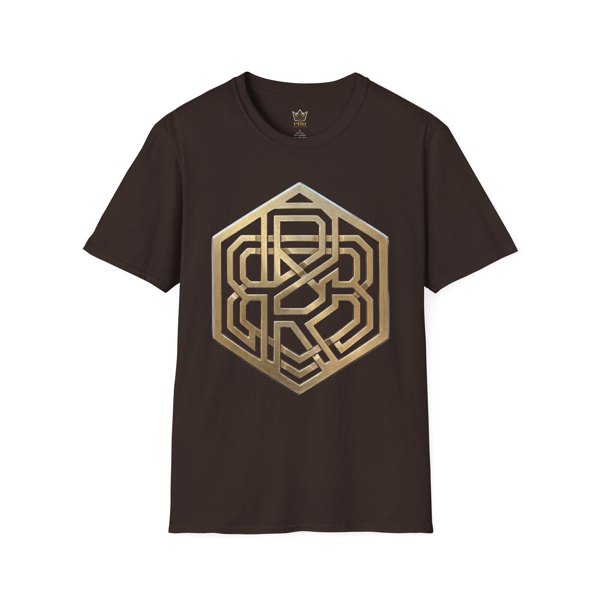 Power Runs Black PRB Geometric Gold Hexagon T-Shirt — Modern Maze Logo Tee by Printify