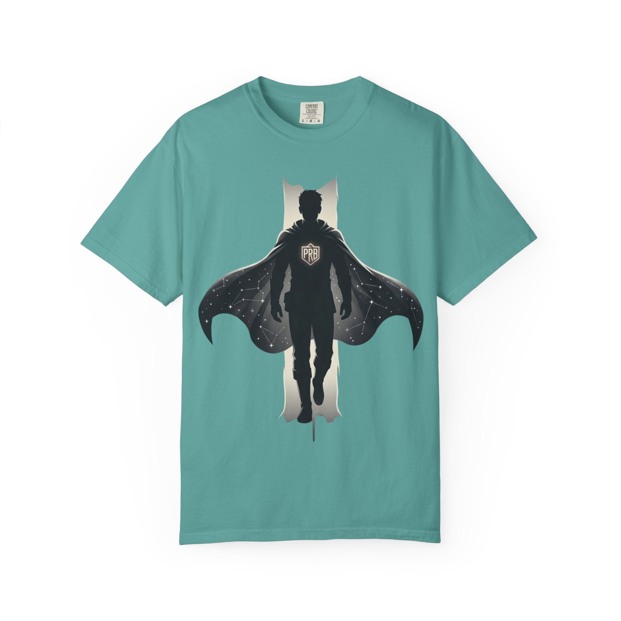 Power Runs Black Silhouette PRB Superhero with Cape T-shirt | Night Sky Emblem, Graphic Tee by Printify
