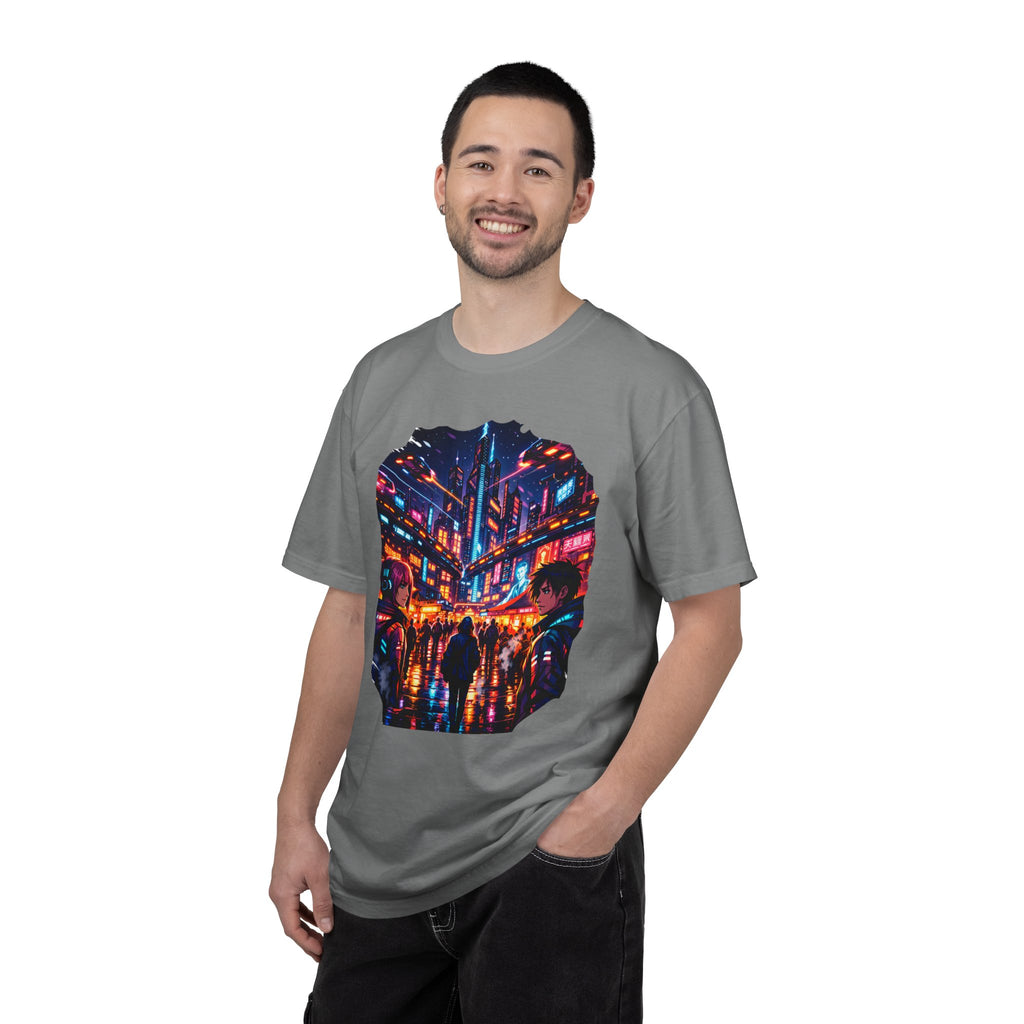 PRB Neon Cyberpunk Cityscape T-shirt | Anime Night Rain Streets by Power Runs Black