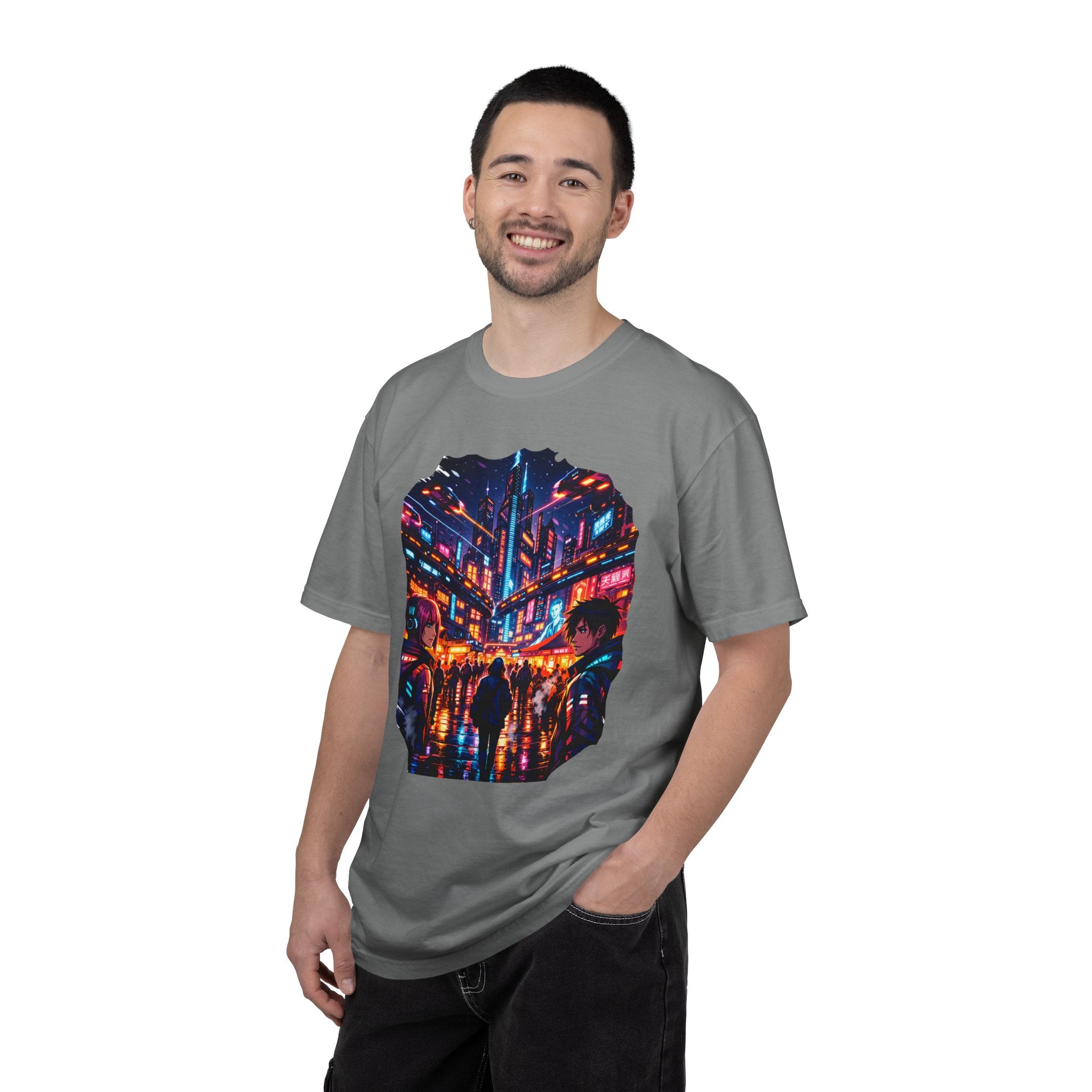 PRB Neon Cyberpunk Cityscape T-shirt | Anime Night Rain Streets by Power Runs Black