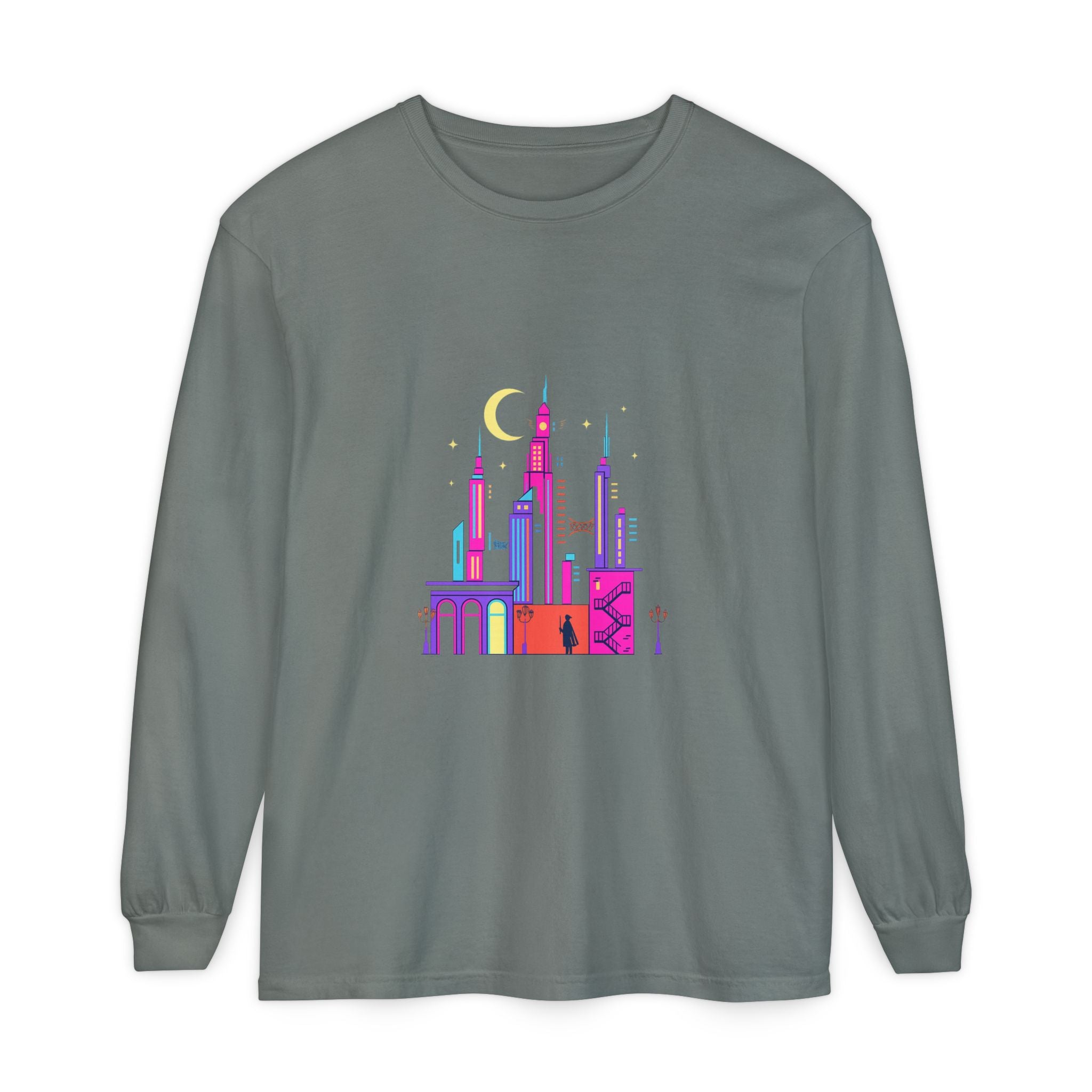 PRB Neon City Skyline Long Sleeve Shirt | Urban Nightscape Illustration by Power Runs Black