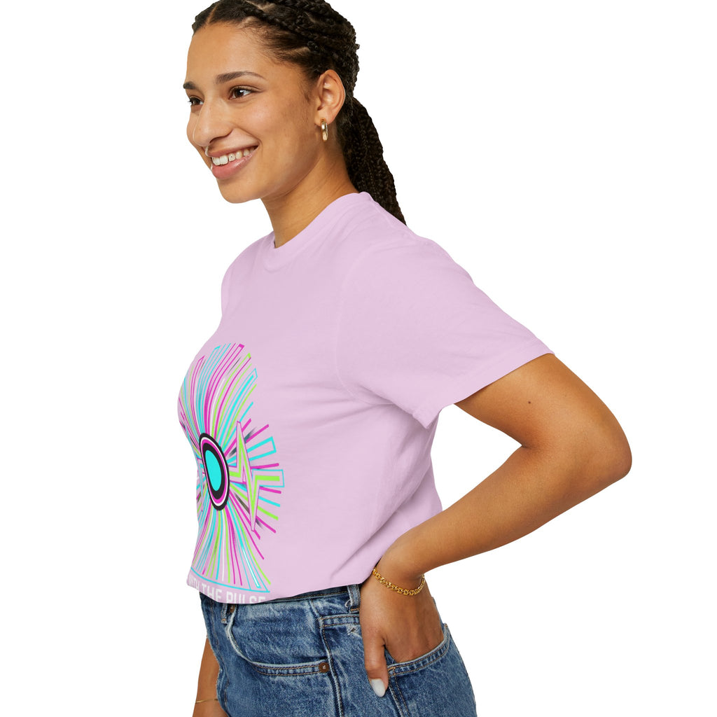Power Runs Black PRB Electric "Move With Pulse" Graphic T-Shirt — Neon Sunburst Design by Power Runs Black