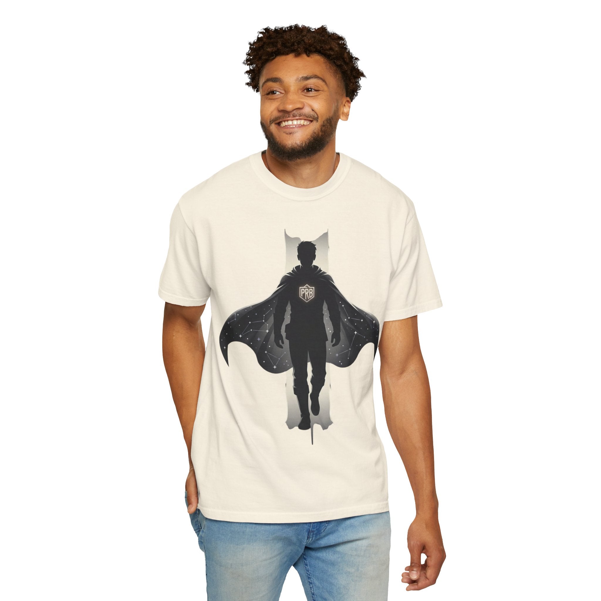 Power Runs Black Silhouette PRB Superhero with Cape T-shirt | Night Sky Emblem, Graphic Tee by Printify