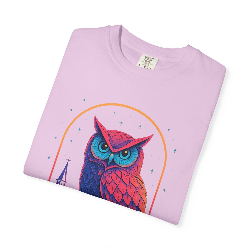 Neon Owl Illustration T-Shirt | Night Church Graphic Tee by Printify
