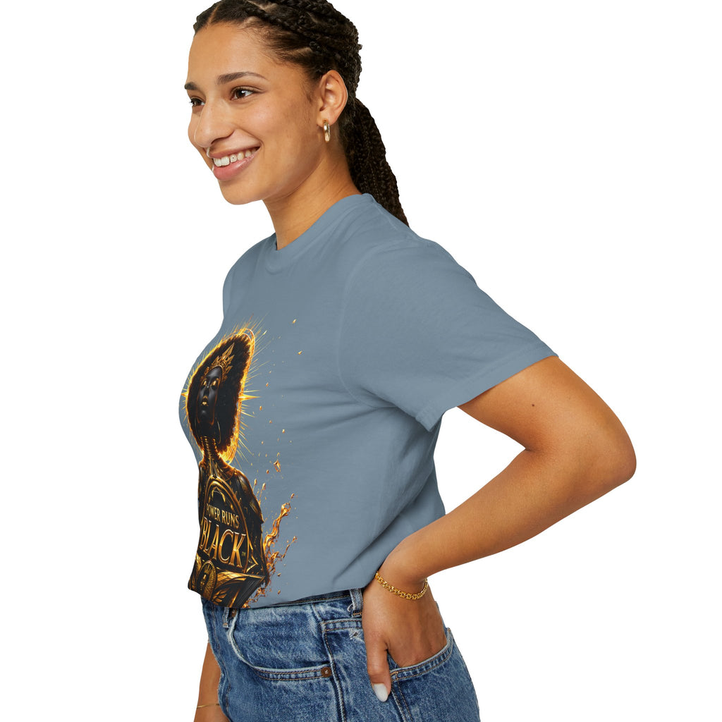 Power Runs Black goddess illustration T-Shirt | Afrocentric black pride design by Power Runs Black