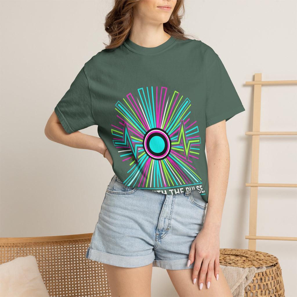 Power Runs Black PRB Electric "Move With Pulse" Graphic T-Shirt — Neon Sunburst Design by Printify