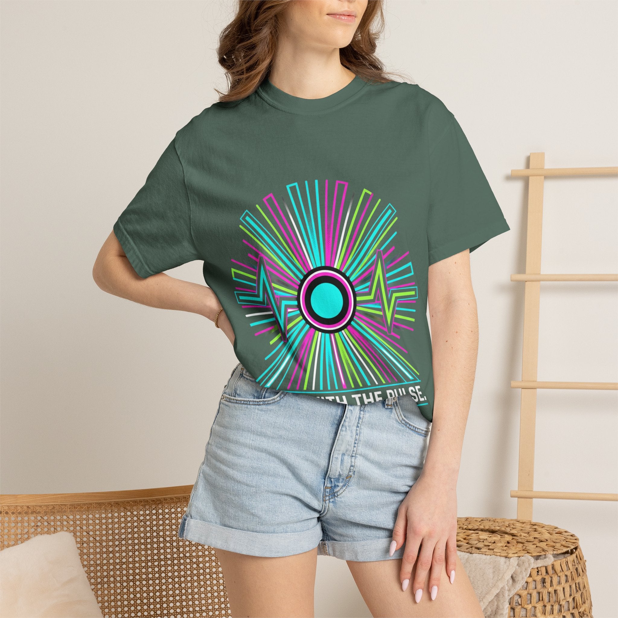 Power Runs Black PRB Electric "Move With Pulse" Graphic T-Shirt — Neon Sunburst Design by Printify