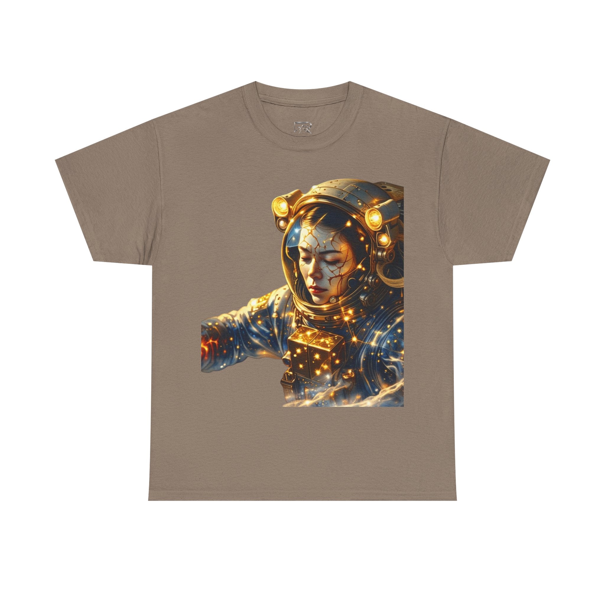 Power Runs Black PRB Golden Astronaut Portrait T-Shirt | Space Helmet Art, Cosmic Lights by Printify
