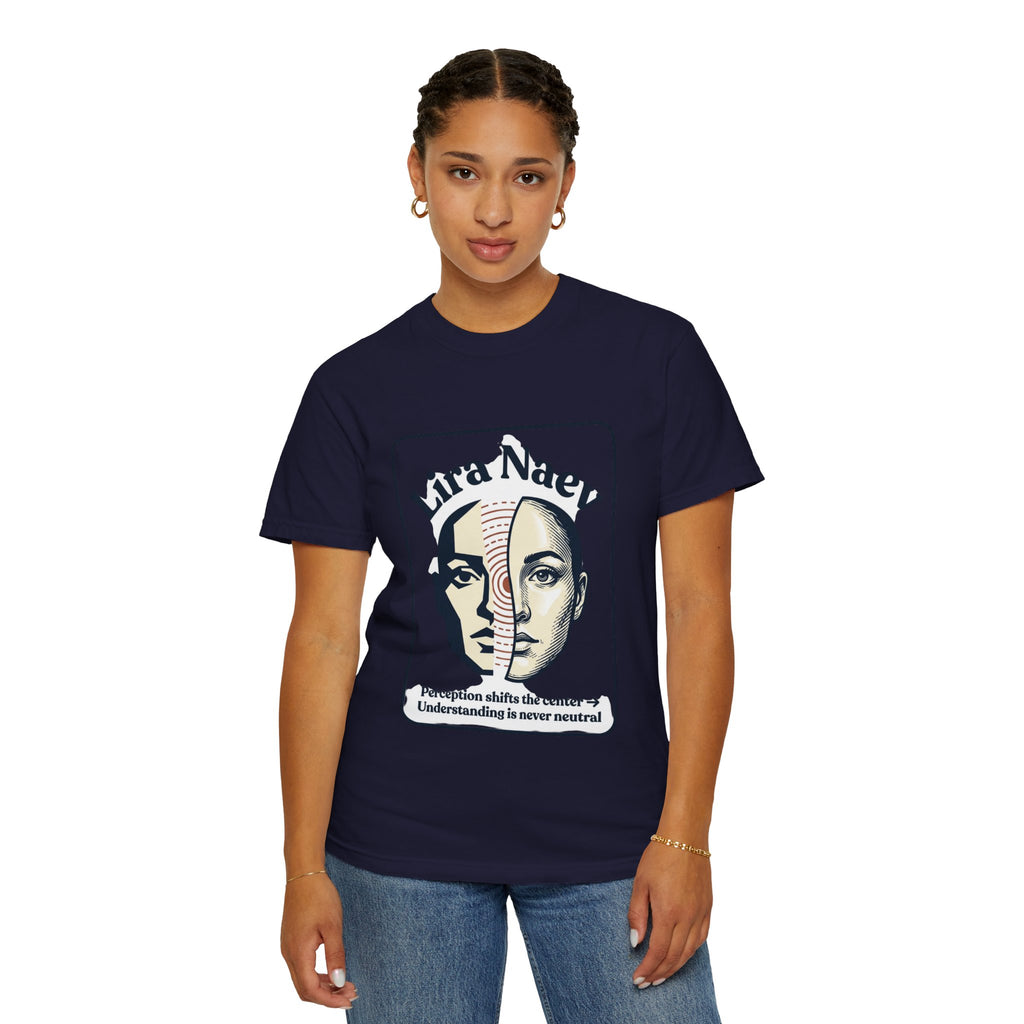 Power Runs Black PRB Lira Naev Split-Face Graphic T-Shirt — “Perception shifts the center” Statement Tee by Printify