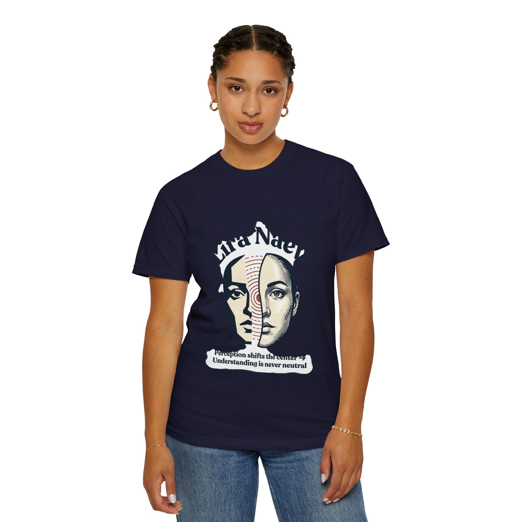 Power Runs Black PRB Lira Naev Split-Face Graphic T-Shirt — “Perception shifts the center” Statement Tee by Printify