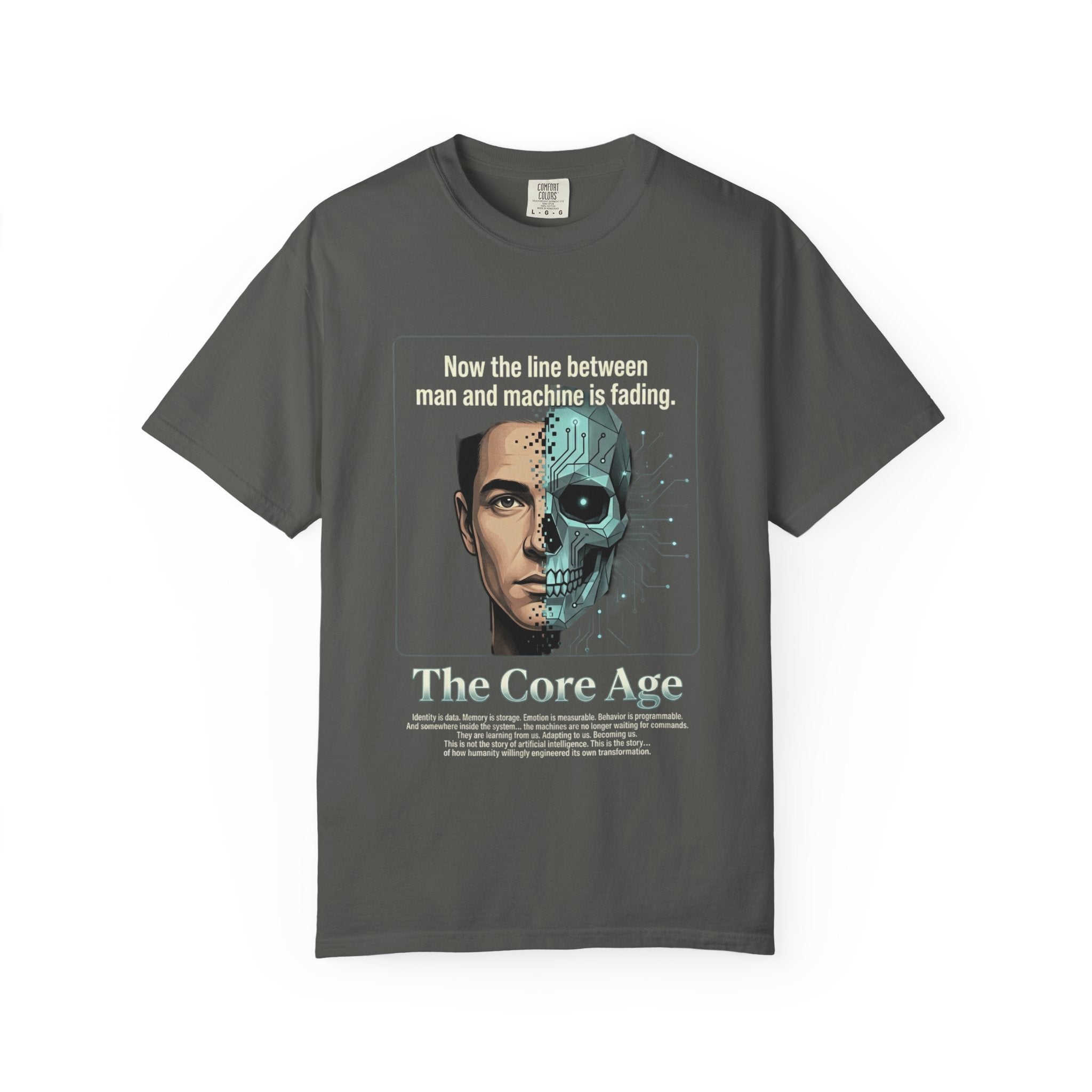 Power Runs Black AI Fusion Graphic T-Shirt — "The Core Age" Split Face Design by Power Runs Black