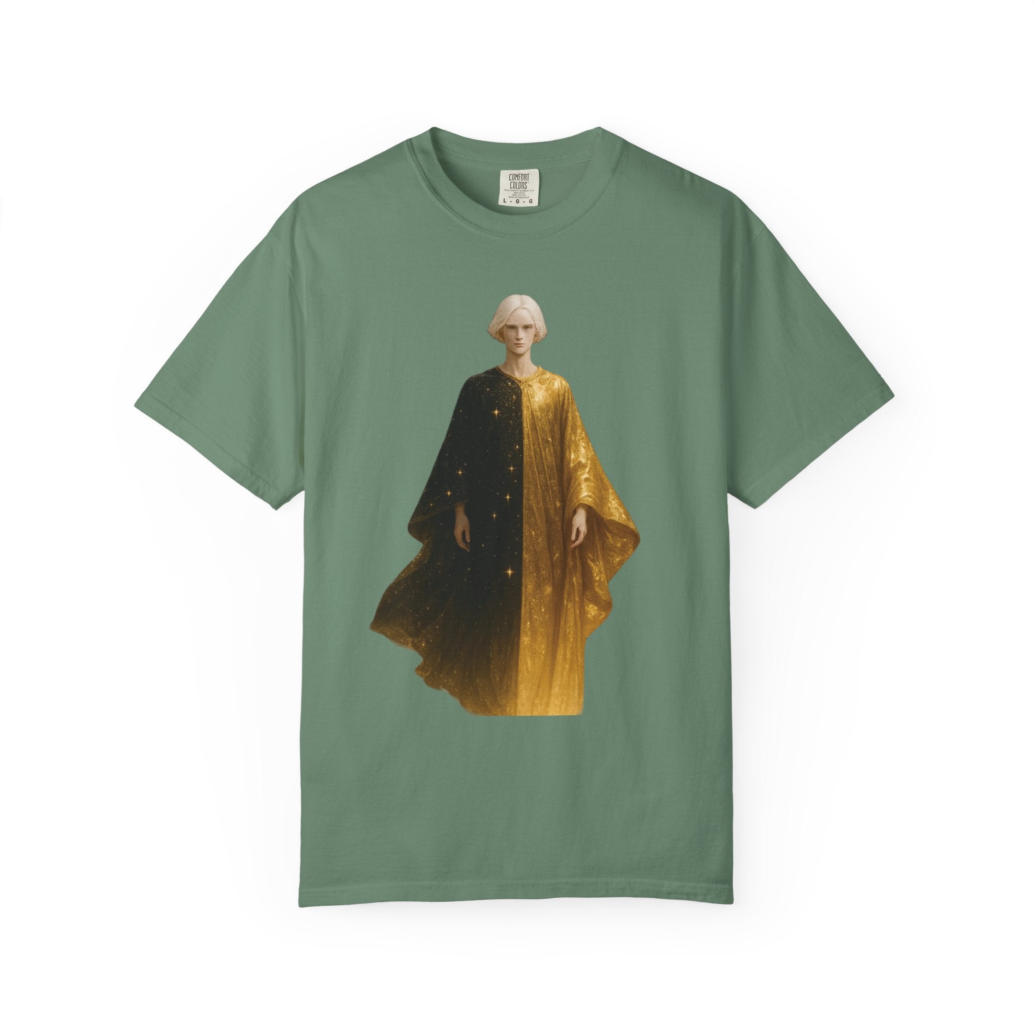 Power Runs Black PRB Twelfth Golden Cloak Figure T-Shirt | Surreal Angelic Portrait by Power Runs Black
