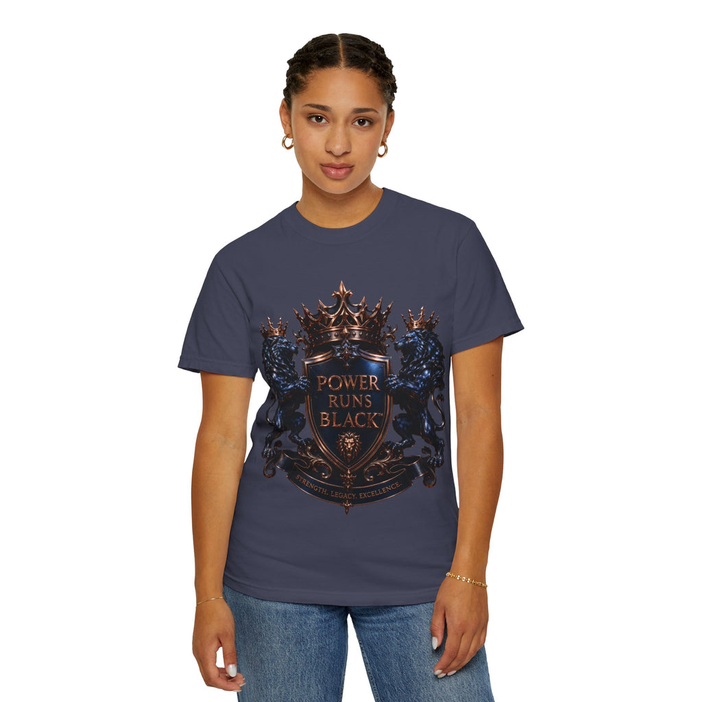Power Runs Black Crest T-shirt | Heraldic Lion Shield Tee by Power Runs Black
