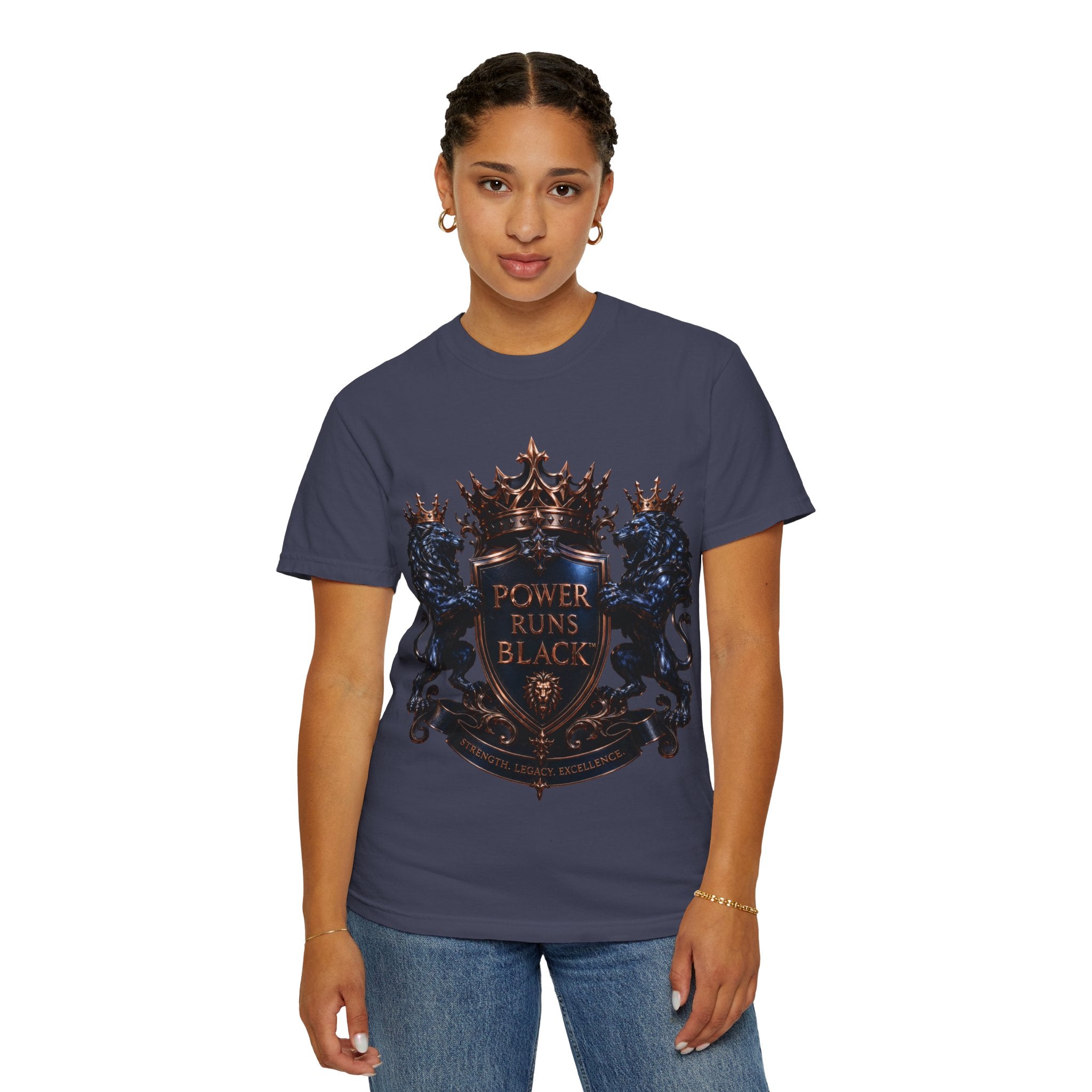 Power Runs Black Crest T-shirt | Heraldic Lion Shield Tee by Power Runs Black