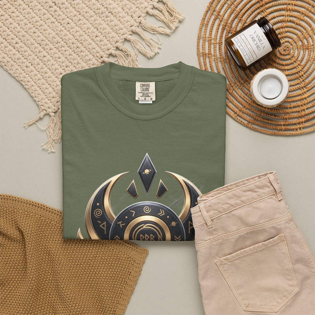 Power Runs Black Mystic Compass Disc T-Shirt — Geometric Gold & Black Emblem Tee by Printify