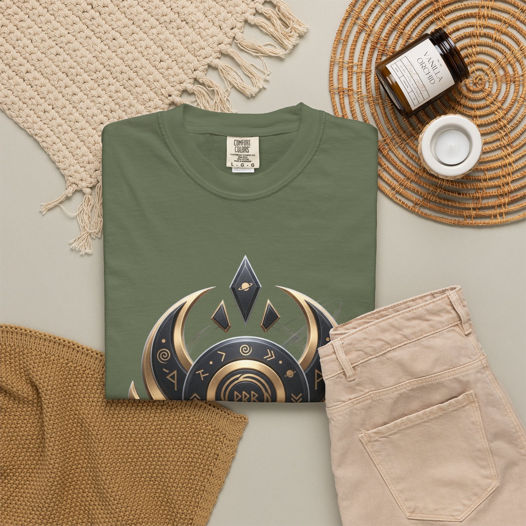 Power Runs Black Mystic Compass Disc T-Shirt — Geometric Gold & Black Emblem Tee by Printify