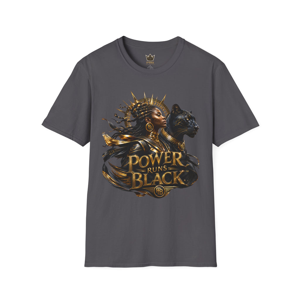 Power Runs Black PRB | Black Woman Portrait, Gold Accents Panther Graphics T by Power Runs Black
