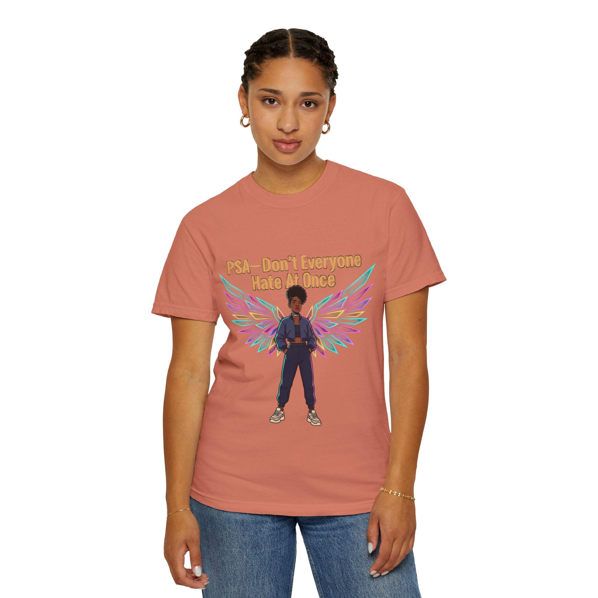 T-Shirt — PSA “Don't Everyone Hate At Once” Angel Wings Graphic Tee by Printify