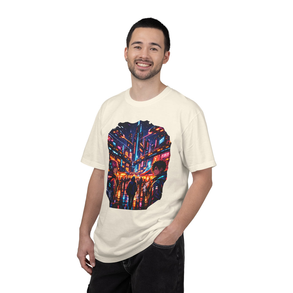 PRB Neon Cyberpunk Cityscape T-shirt | Anime Night Rain Streets by Power Runs Black