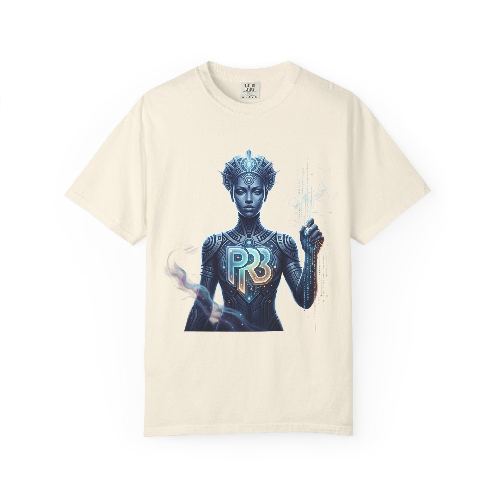 Printify PRB Divine Code Architect 4K Futuristic Blue Android with PR Chest Logo T-Shirt - T-Shirt