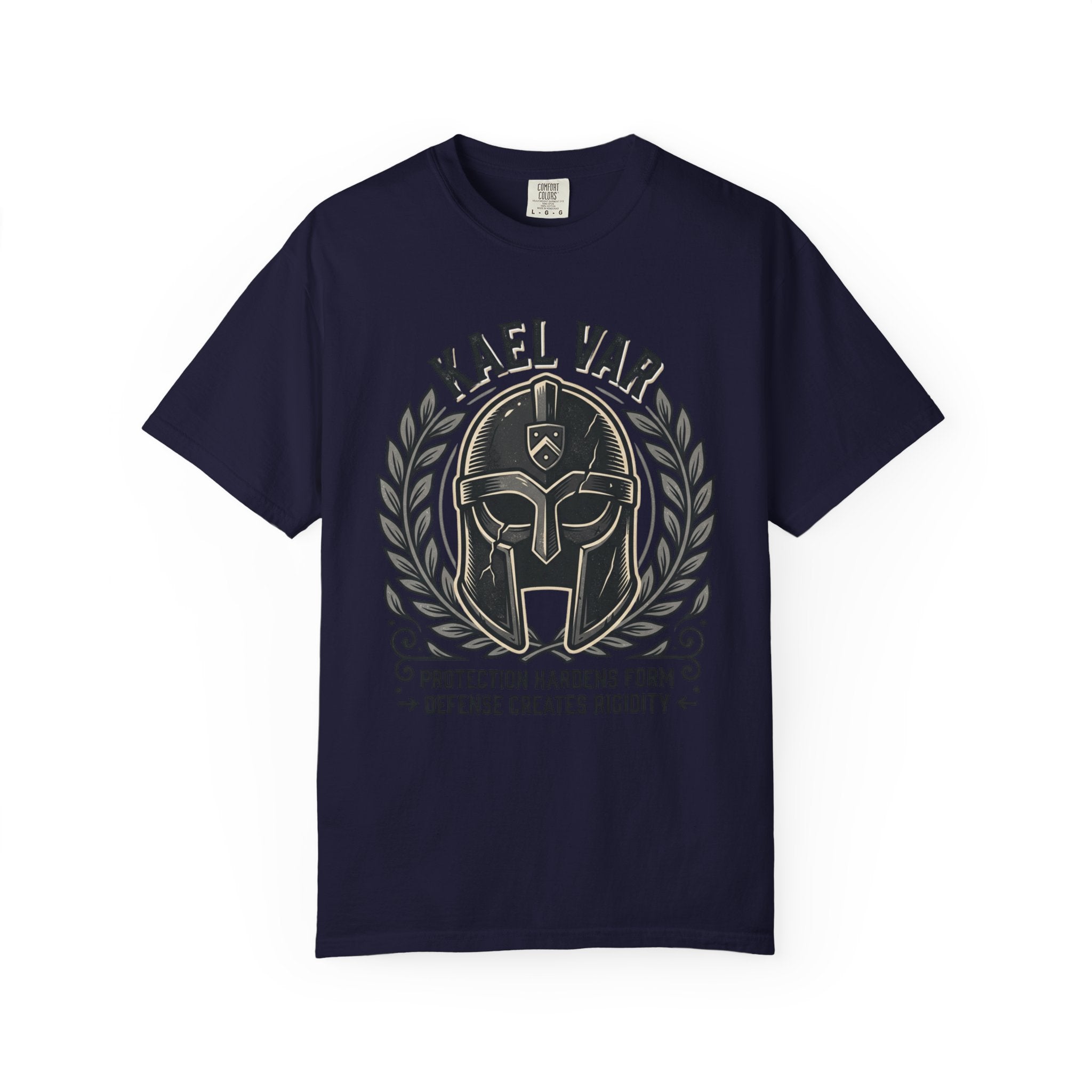 Power Runs Black PRB Kael Var Helmet Graphic T-Shirt — "Protection Hardens Form" Warrior Tee by Printify