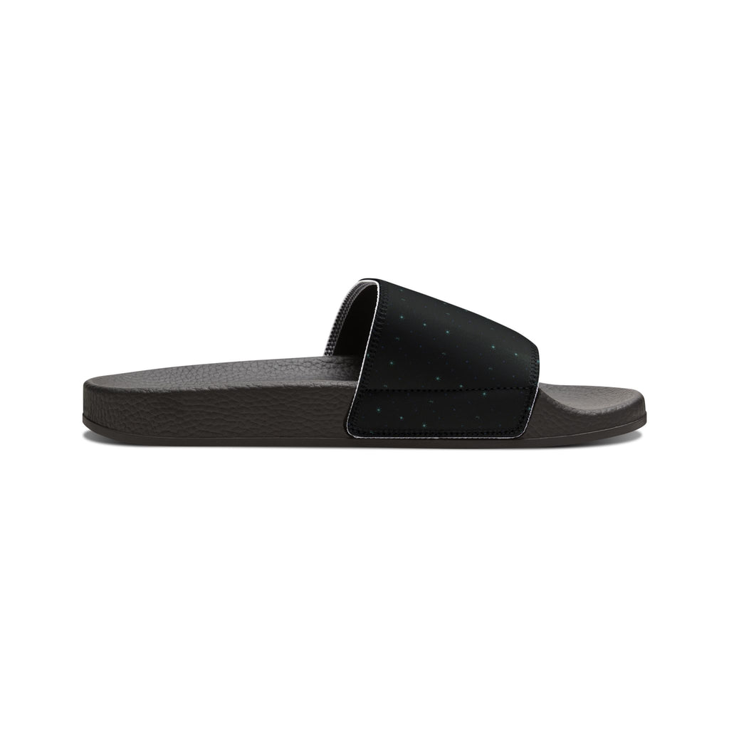 Power Runs Black Slide Sandals - Black Mythical Crest Logo Slides for Men by Power Runs Black