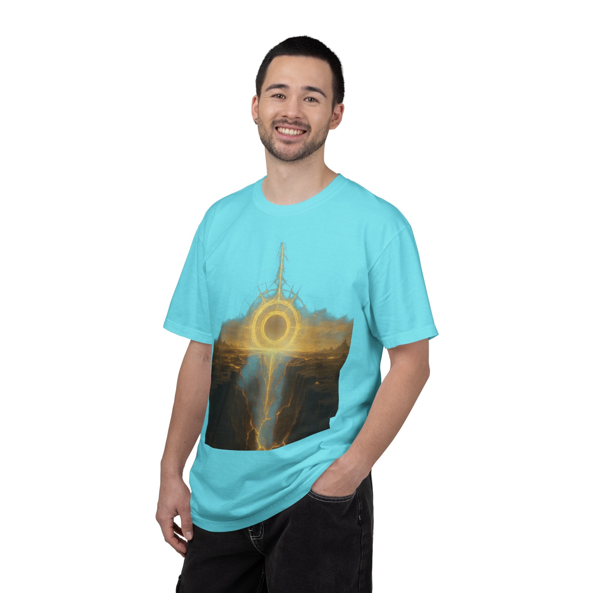 Power Runs Black PRB Golden Eclipse Portal T-shirt | Fantasy Landscape, Mystic Ring, Tower Art by Power Runs Black