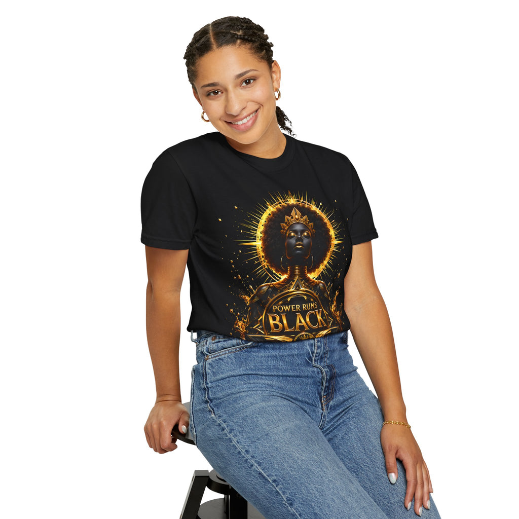 Power Runs Black goddess illustration T-Shirt | Afrocentric black pride design by Power Runs Black