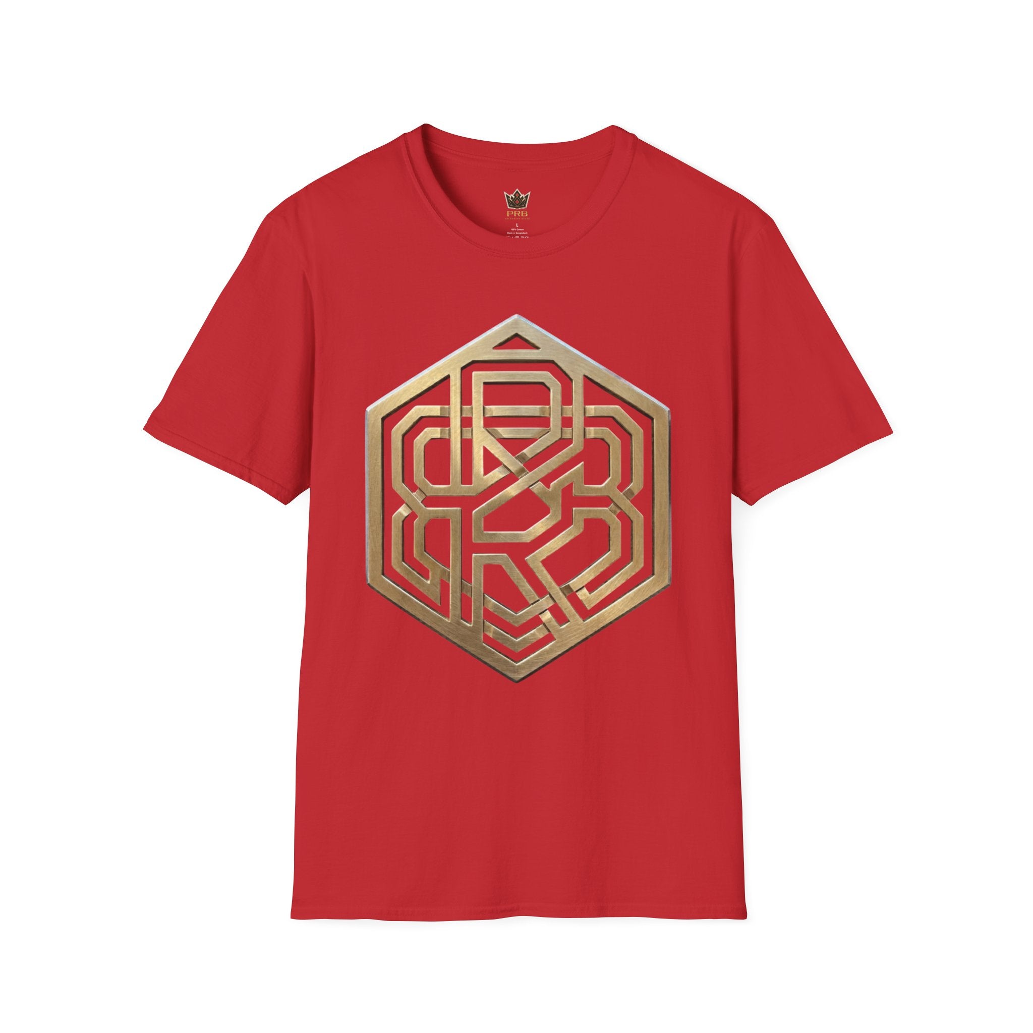 Power Runs Black PRB Geometric Gold Hexagon T-Shirt — Modern Maze Logo Tee by Power Runs Black