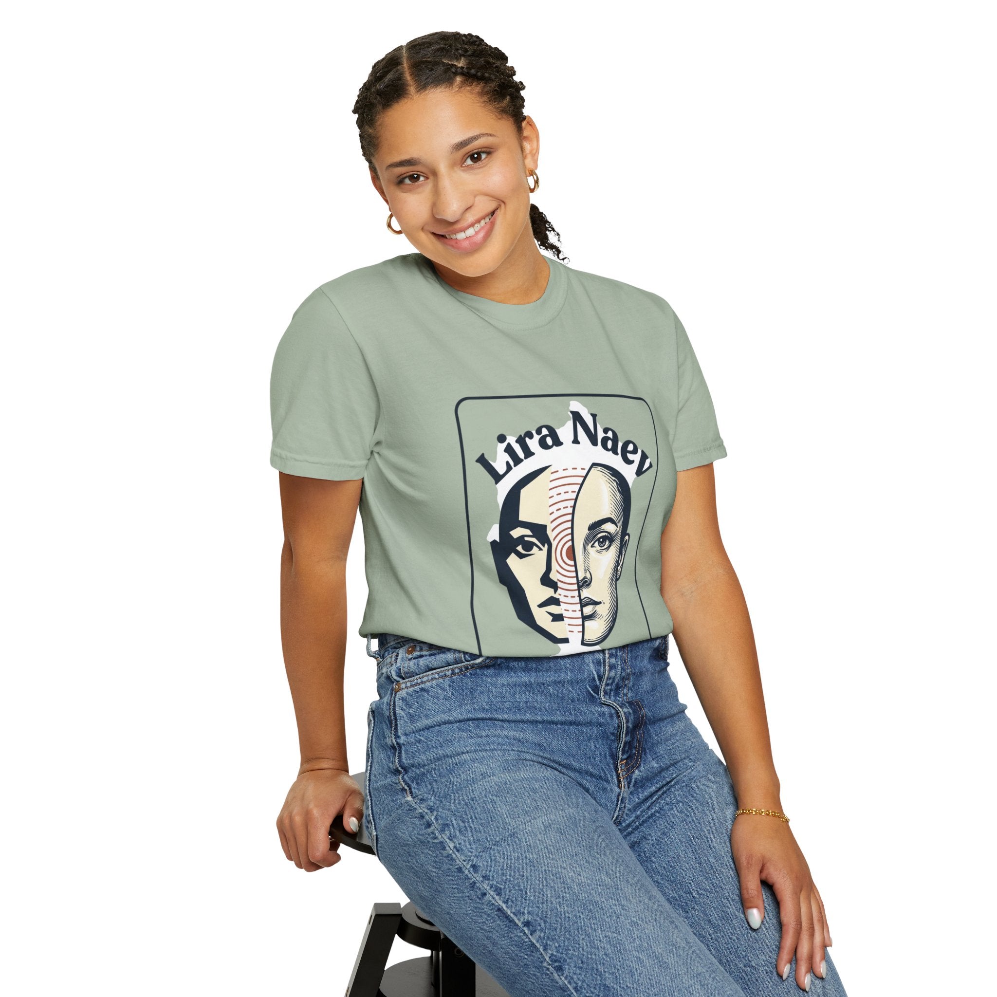 Power Runs Black PRB Lira Naev Split-Face Graphic T-Shirt — “Perception shifts the center” Statement Tee by Printify