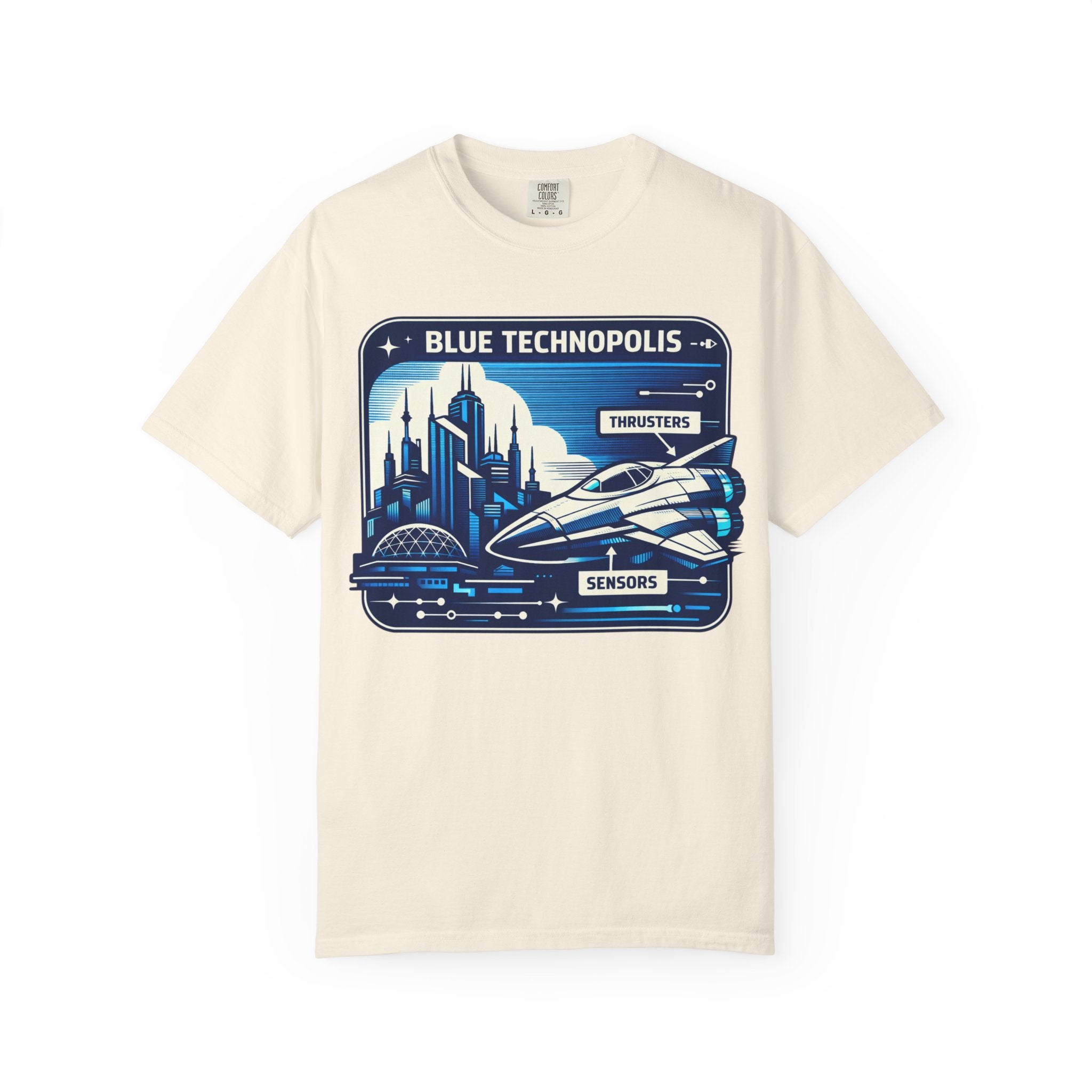 Power Runs Black PRB Technopolis Spacecraft T-Shirt — Blue Technopolis Retro Sci‑Fi Tee by Printify