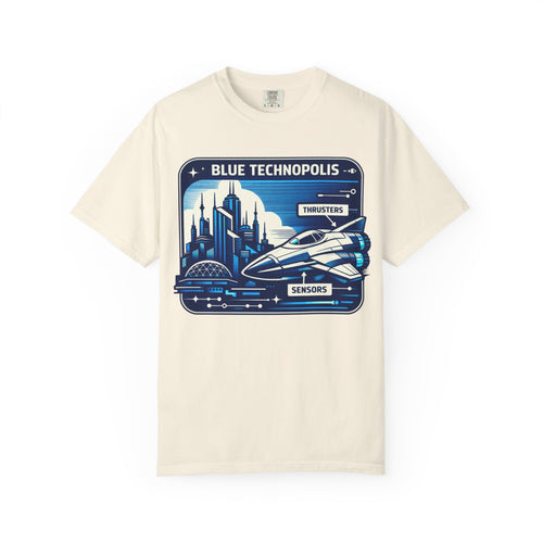 Power Runs Black PRB Technopolis Spacecraft T-Shirt — Blue Technopolis Retro Sci‑Fi Tee by Printify