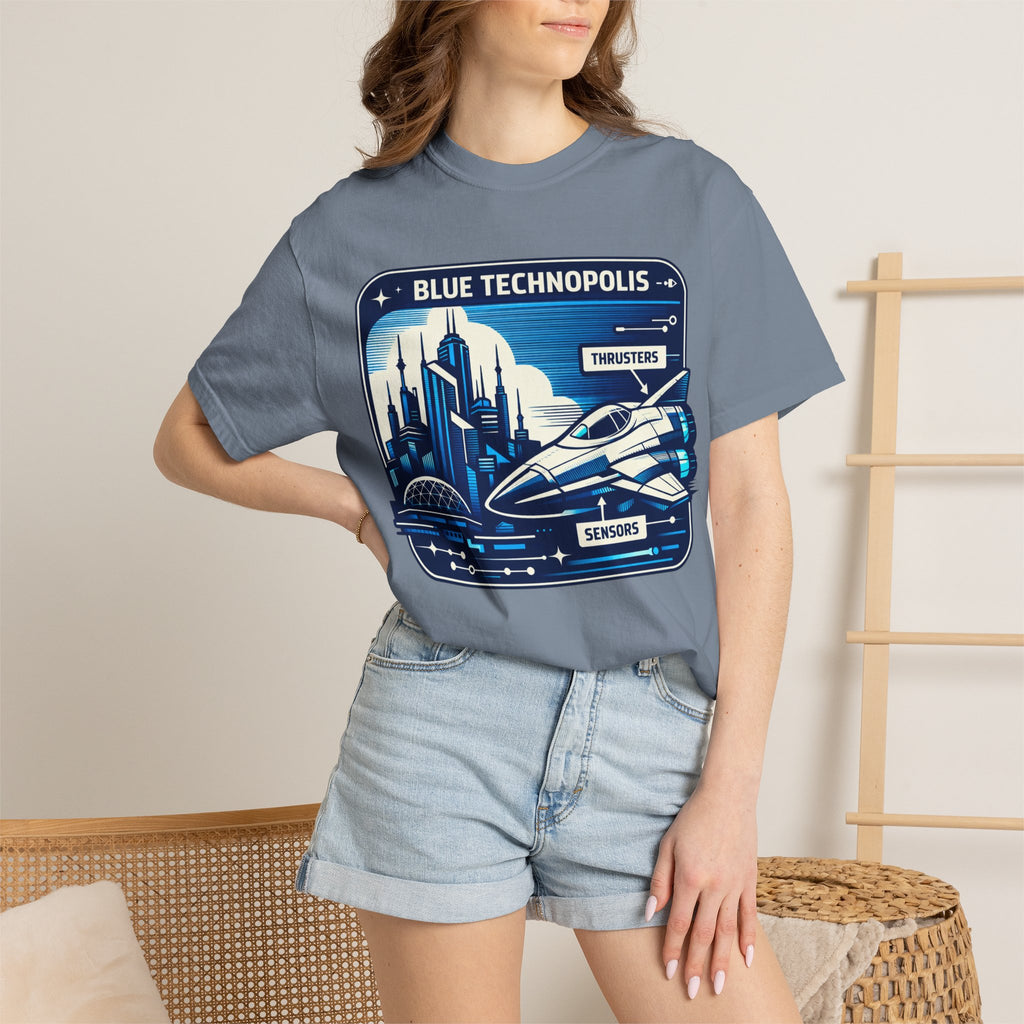 Power Runs Black PRB Technopolis Spacecraft T-Shirt — Blue Technopolis Retro Sci‑Fi Tee by Power Runs Black