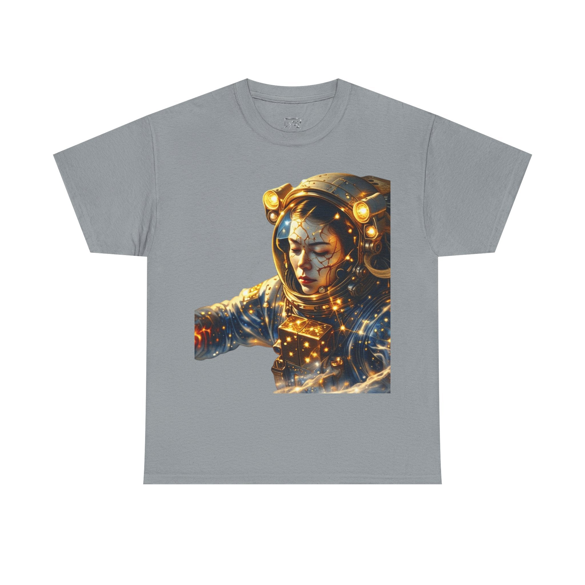 Power Runs Black PRB Golden Astronaut Portrait T-Shirt | Space Helmet Art, Cosmic Lights by Printify