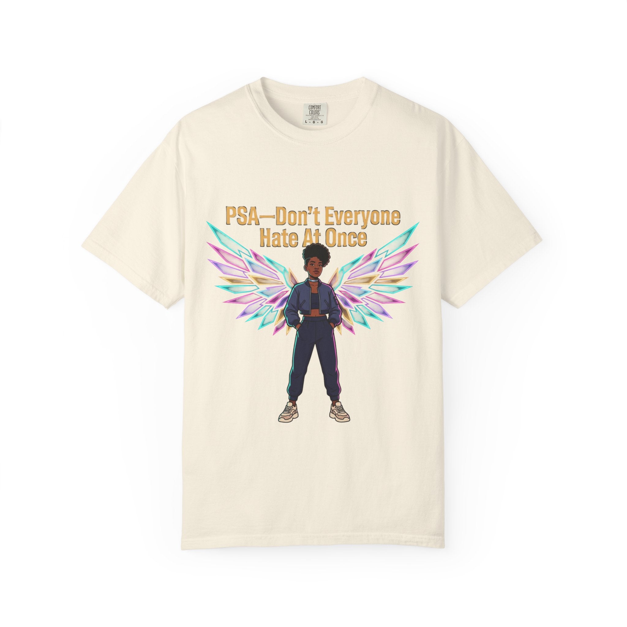T-Shirt — PSA “Don't Everyone Hate At Once” Angel Wings Graphic Tee by Printify