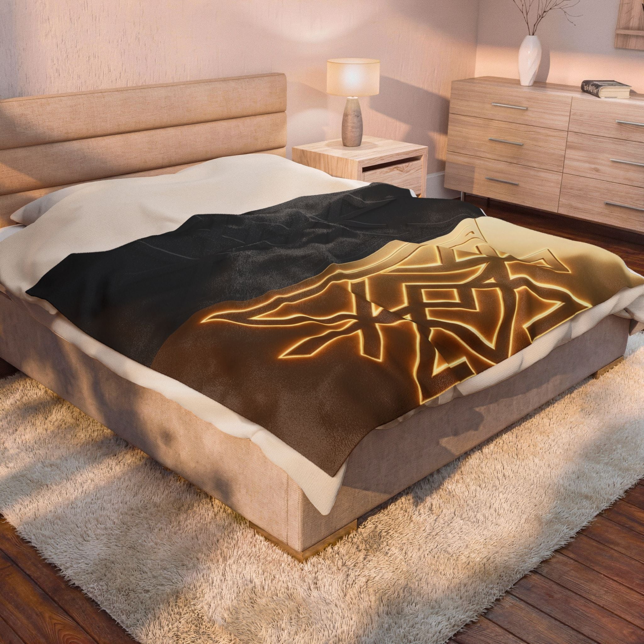 Power Runs Black PRB Velveteen Plush Blanket — Geometric Gold & Black Nordic Rune Throw by Power Runs Black