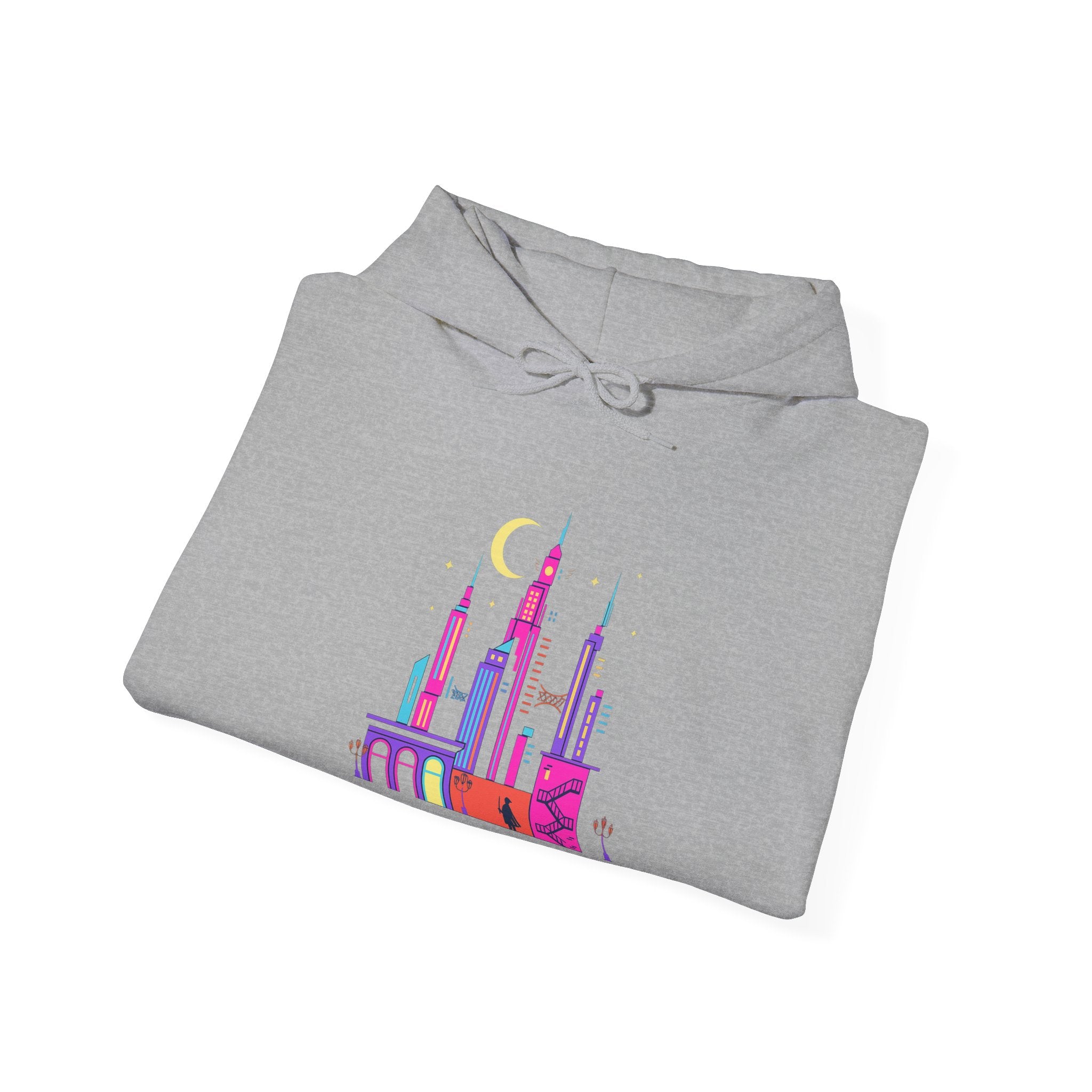 PRB Colorful City Skyline Hoodie – Vibrant Nighttime Urban Graphic by Printify
