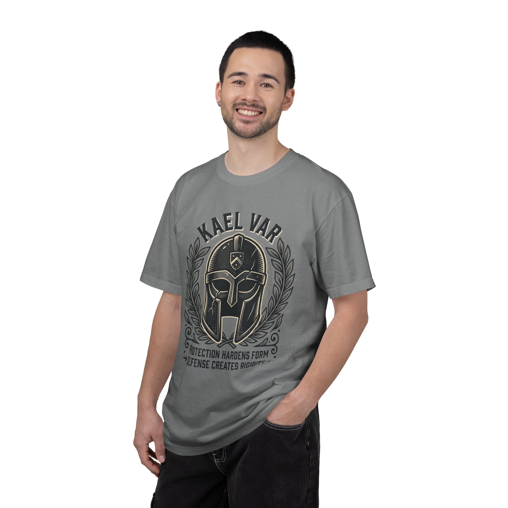 Power Runs Black PRB Kael Var Helmet Graphic T-Shirt — "Protection Hardens Form" Warrior Tee by Printify