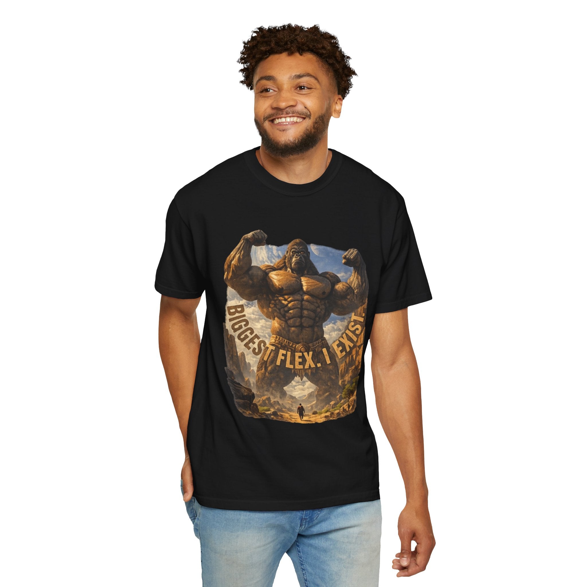 Power Runs Black PRB Biggest Flex I Exist T-Shirt — Funny Muscle Gorilla Graphic Tee by Printify