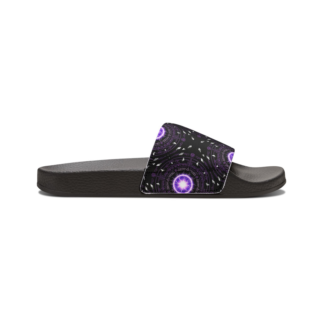Power Runs Black Men's Removable-Strap Slide Sandals — Purple Cosmic Mandala Pattern by Power Runs Black
