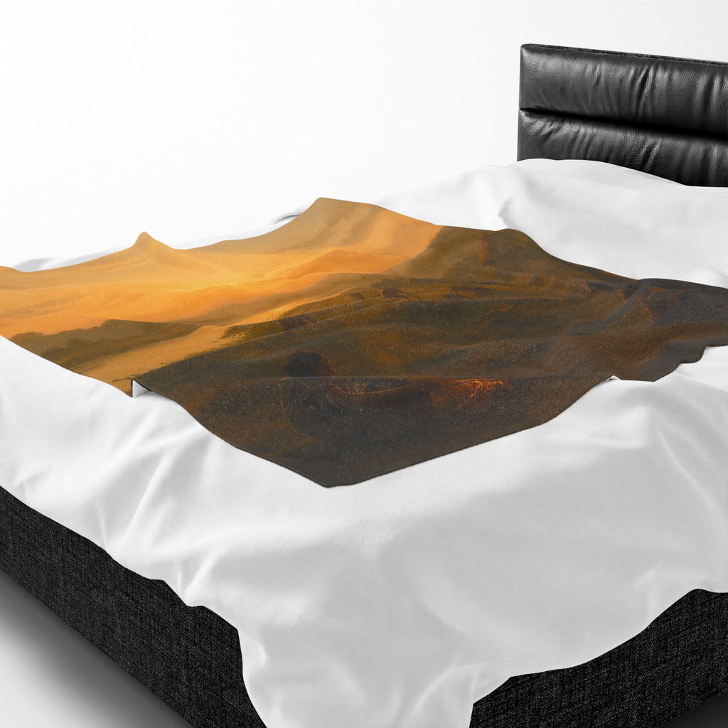 PRB Sunset Campfire Scene Velveteen Plush Blanket | Native Village Landscape by Power Runs Black