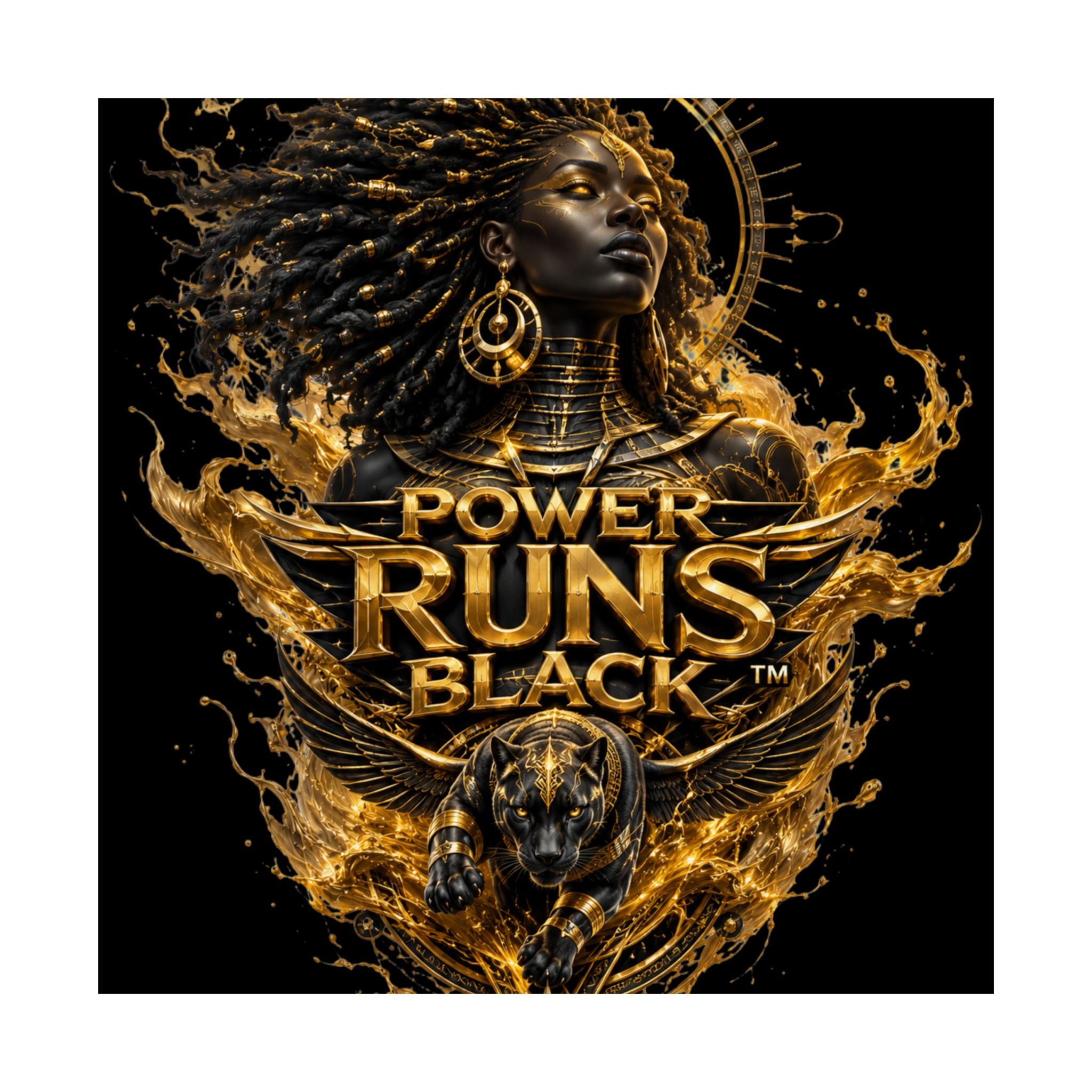 Power Runs Black Matte Poster — Afrocentric Gold Goddess Wall Art by Power Runs Black