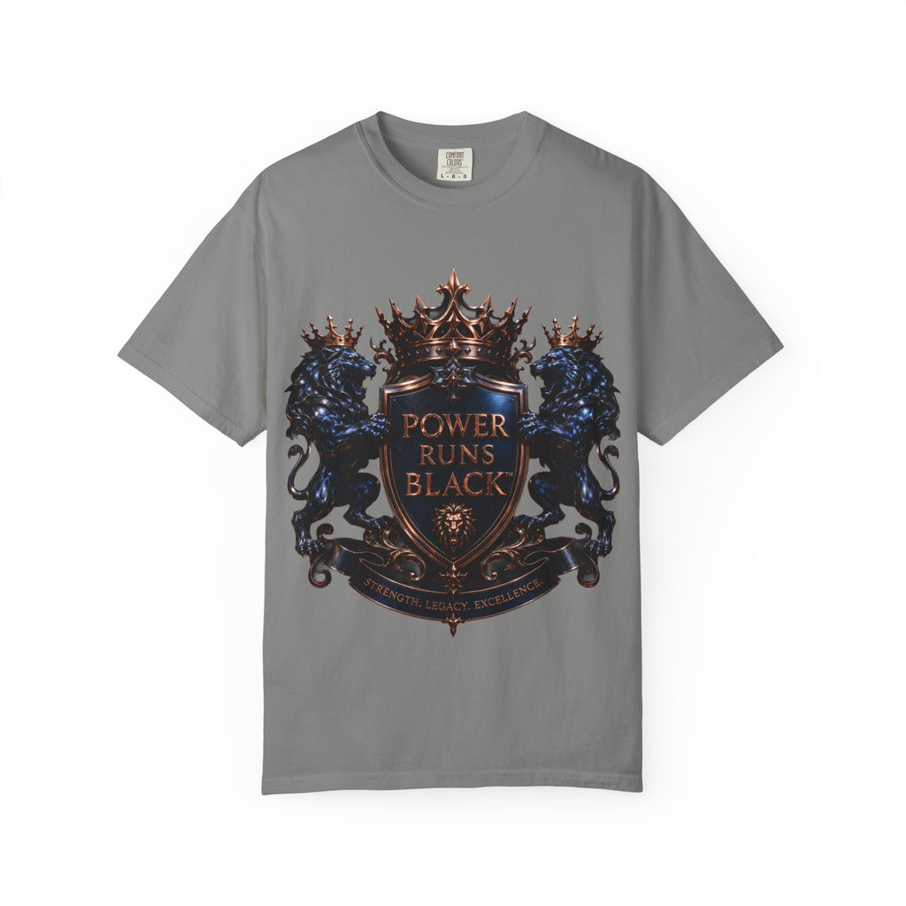 Power Runs Black Crest T-shirt | Heraldic Lion Shield Tee by Power Runs Black