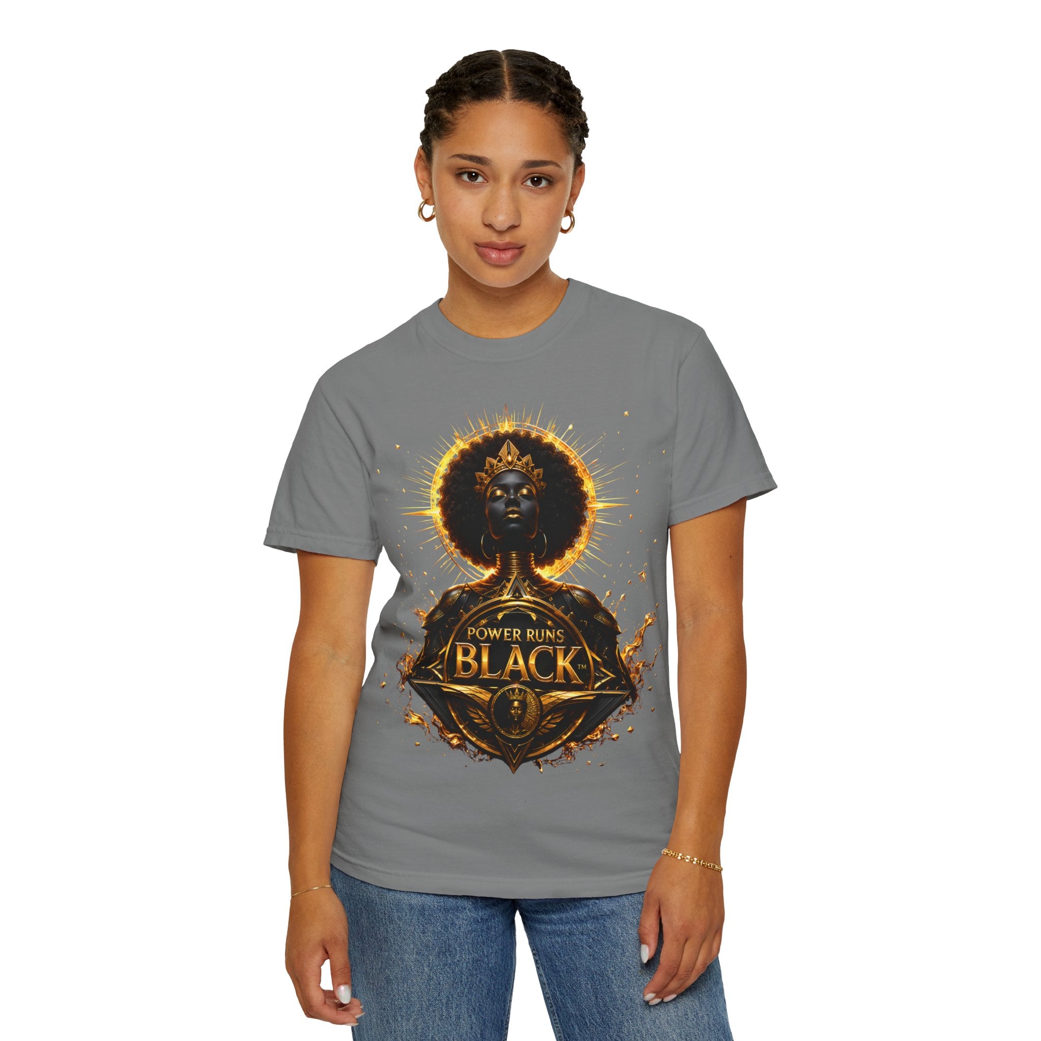 Power Runs Black goddess illustration T-Shirt | Afrocentric black pride design by Power Runs Black